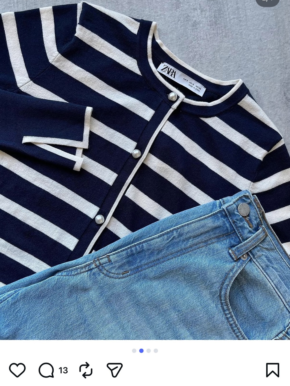 Zara Navy and Cream Striped Pearl-Button Cardigan